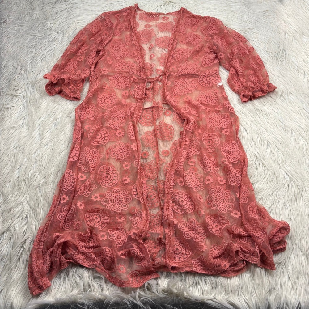 Unbranded Women's XL Pink Floral Burn Out Long Line Kimono Boho Fairy Festival